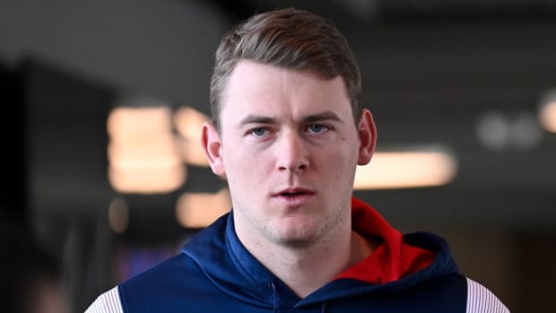 Jan 17, 2024; Foxborough, MA, USA; New England Patriots quarterback Mac Jones (10) arrives to a press conference held at Gillette Stadium to announce the team's hiring of new head coach Jerod Mayo (not pictured).